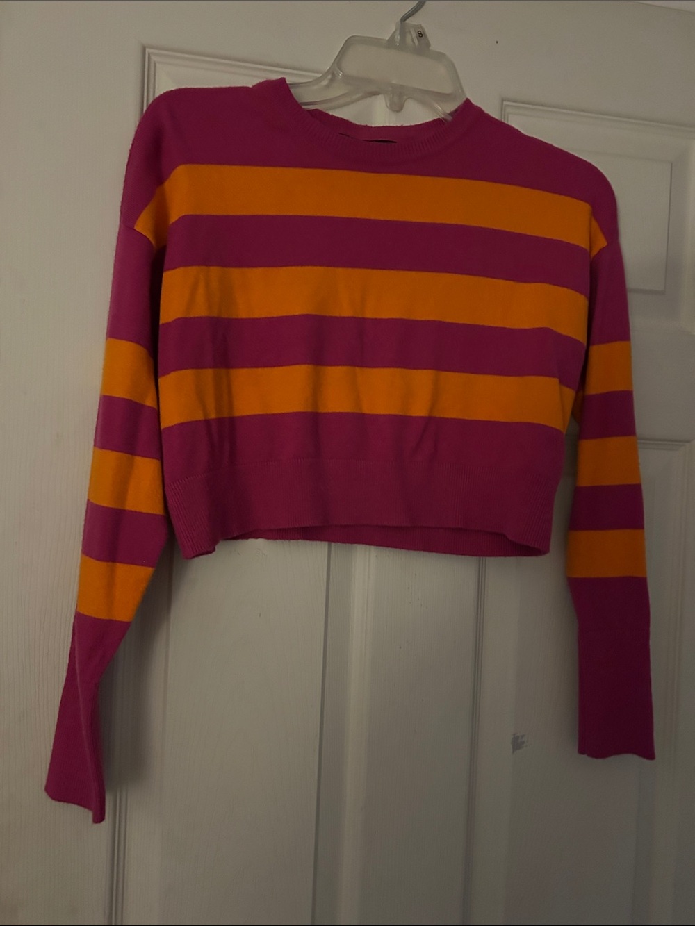 Striped Cropped Crewneck Sweater w/ extended sleeves - Pink & Orange